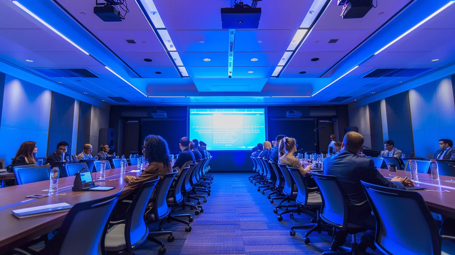 a dynamic conference room filled with engaged federal employees participating in an interactive professional development workshop, showcasing vibrant discussions and teamwork, illuminated by focused overhead lighting and featuring modern technology presentations.