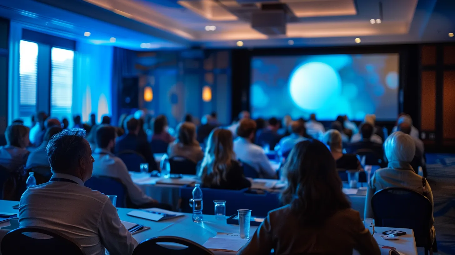 a dynamic conference room filled with engaged federal employees participating in an interactive workshop, with a vibrant presentation on leadership skills displayed on a screen, showcasing a diverse group collaborating and exchanging ideas.