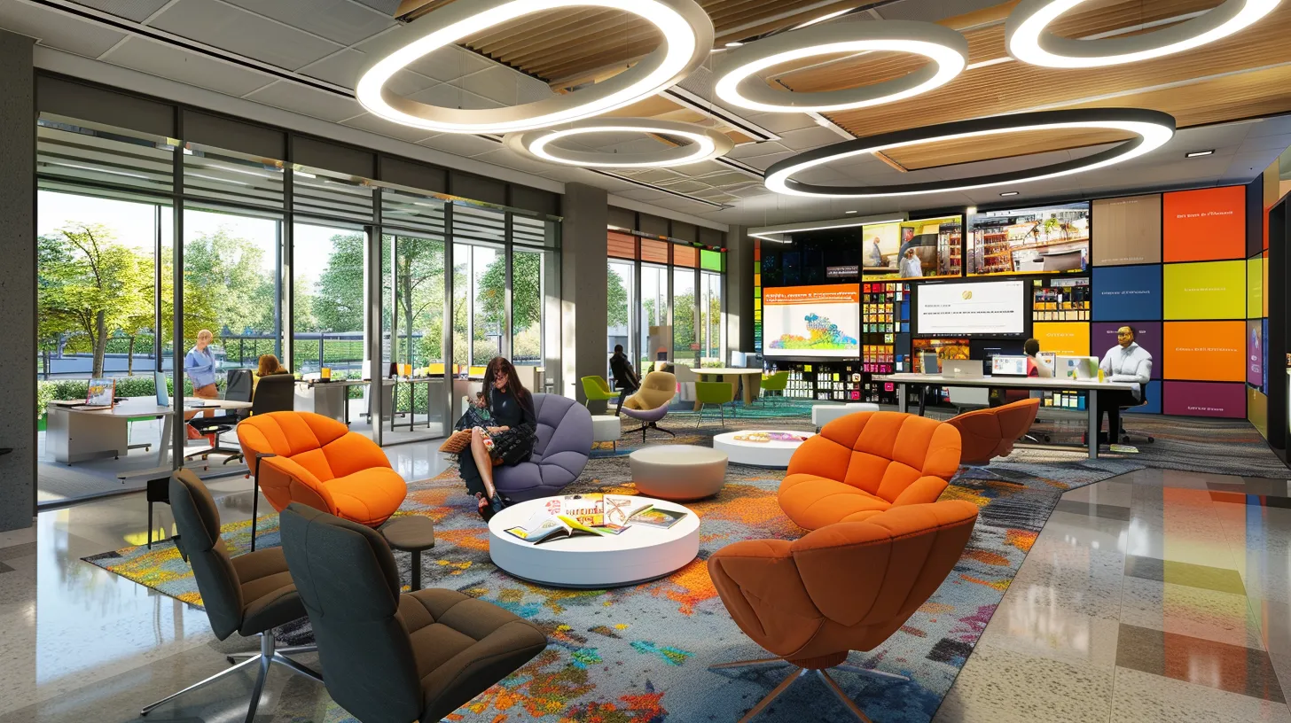 a dynamic office setting showcasing a diverse group of federal employees engaged in a collaborative workshop, surrounded by modern technology and vibrant presentation materials that emphasize professional growth and skill development.