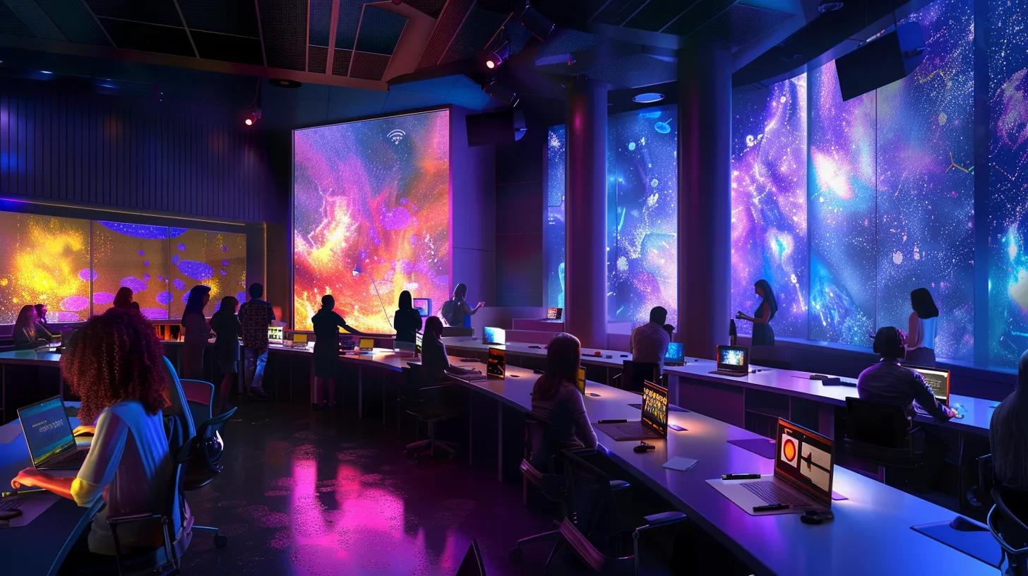 a dynamic training room filled with engaged federal employees immersed in an interactive workshop, surrounded by sleek technology displays and collaborative workstations, highlighting a vibrant atmosphere of professional growth and innovation.