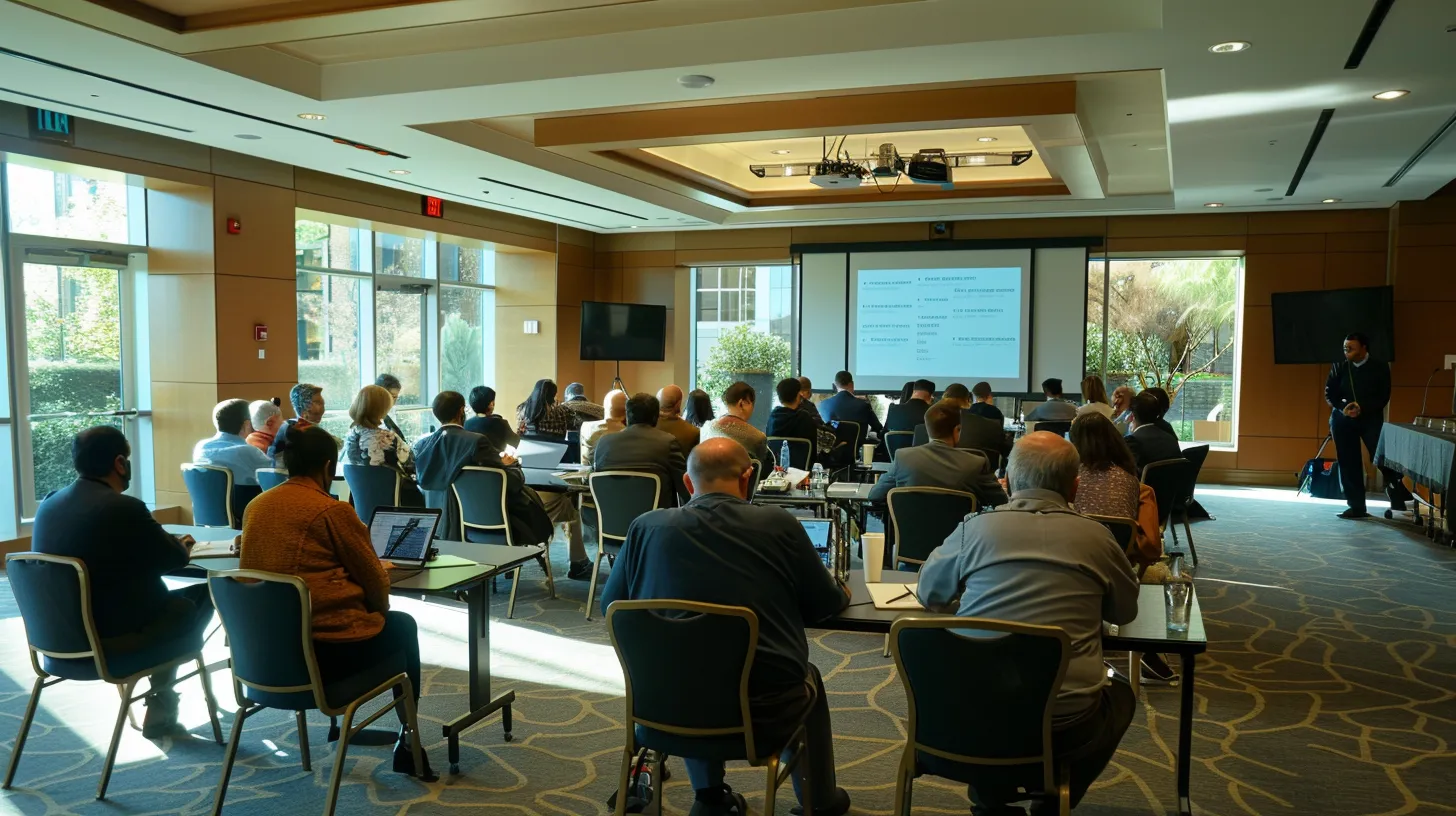 a focused group of federal employees engaged in a dynamic workshop setting, surrounded by modern conference room elements, as they participate in collaborative discussions and interactive activities, highlighting the importance of personal learning objectives and skill application.